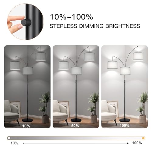 Nintiue Matte Black Arc Floor Lamp with Grey Linen Shades, 3 Lights, Dimmable 3000LM LED Bulbs, Heavy Base, Modern Tall Standing Tree Lamp for Living Room & Bedroom