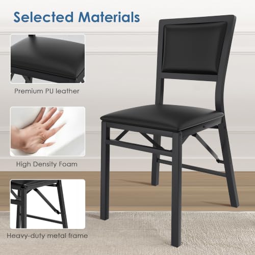 VECELO Black Folding Dining Chairs Set of 2 - Padded Metal Space-Saving Seats
