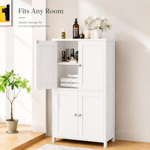 Nuturelly Bathroom Floor Storage Cabinet - Snowy White, 4-Door, Anti-Tip