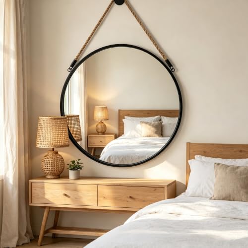 Large Round Hanging Mirror with Jute Rope - 30 Inch Black Wall Decor - POZINO