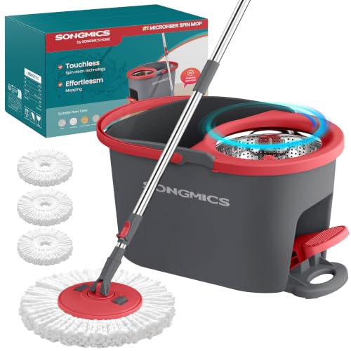 SONGMICS Spin Mop and Bucket Set with Pedal Wringer, 3 Microfiber Pads, Gray + Red