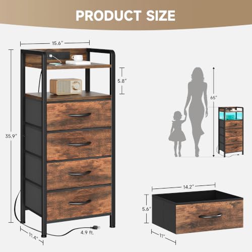 Lazzanto Rustic Brown Nightstand with 4 Drawers, Rear Charging Station & LED Light