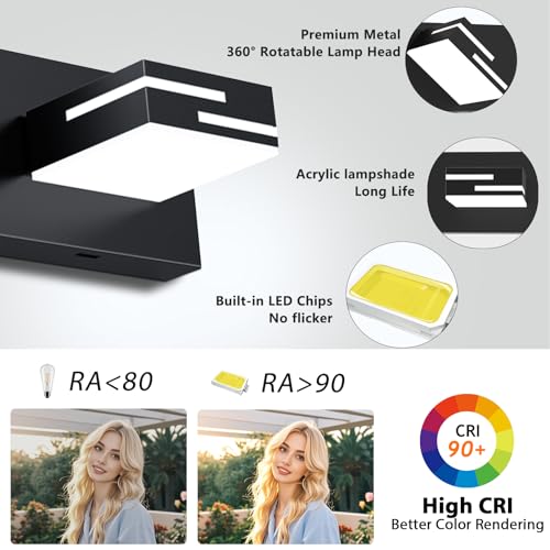 LED Bathroom Vanity Light Fixtures 3-Light Black Dimmable 22-Inch with 5 CCT & Rotatable Acrylic Heads