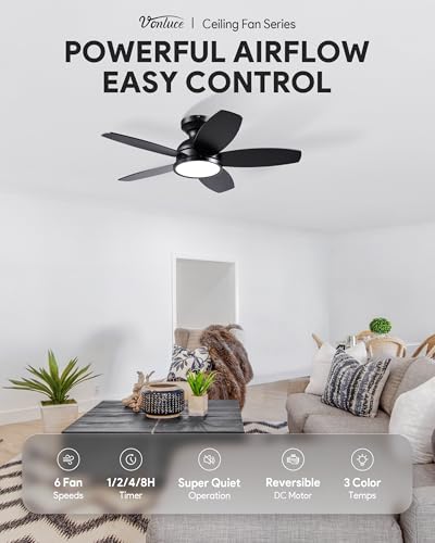 VONLUCE 36-Inch Ceiling Fan with Lights, Black - Reversible DC Motor, Remote Control