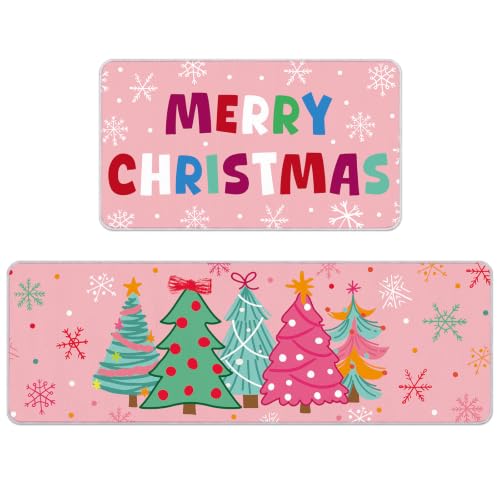 Pink Christmas Kitchen Rugs Set with Xmas Tree & Snowflake Decorations - Non Slip, 2 Pack, Christmas Tree Variation