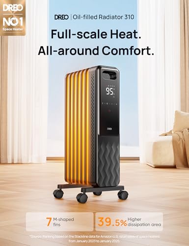 DREO Black Large Room Radiator Heater - Quiet Electric Space Heater for Indoor Use