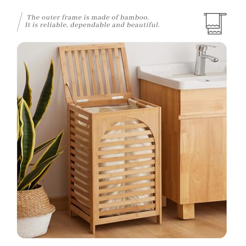 Kitsanery Large Waterproof Bamboo Laundry Hamper with Lid & Removable Washing Bags - Natural