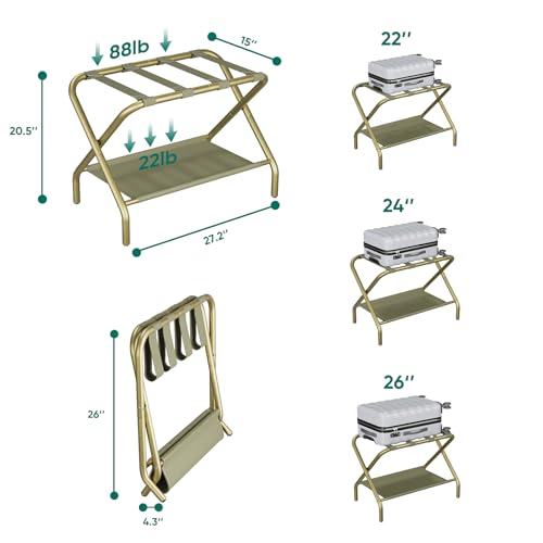 Gold Luggage Rack Set of 2 Foldable Suitcase Stands with Fabric Shelf for Hotel & Bedroom