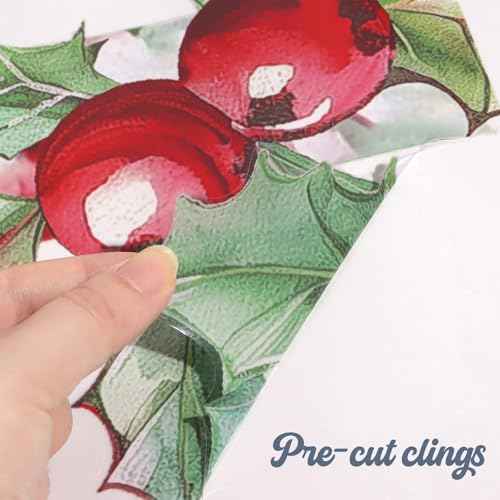 Christmas Window Clings Decor, 2 Sheets Extra Large Candy Cane Window Clings with Red Berry and Holly Leaves, Rustic Candy Snowflakes Xmas Window Stickers for Home Office Holiday Party D?cor