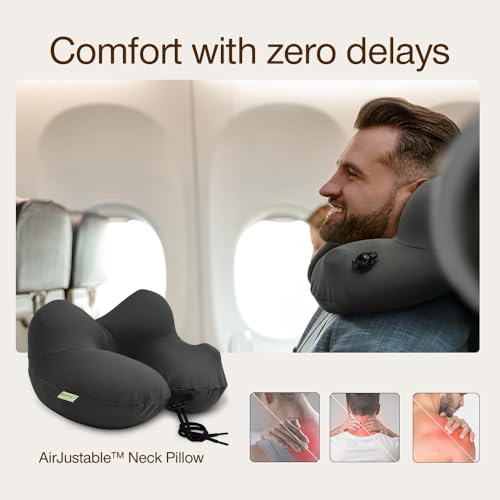 Inflatable Travel Neck Pillow with Memory Foam Support, Adjustable & Washable Cover