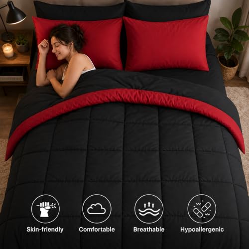 Anluoer Queen Comforter Set 7 Pieces, Reversible Black & Red Grid Bed in a Bag