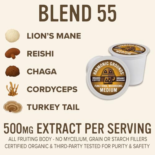 Organic Mushroom Coffee Pods - Medium Roast, K-Cup Compatible, 34 Count