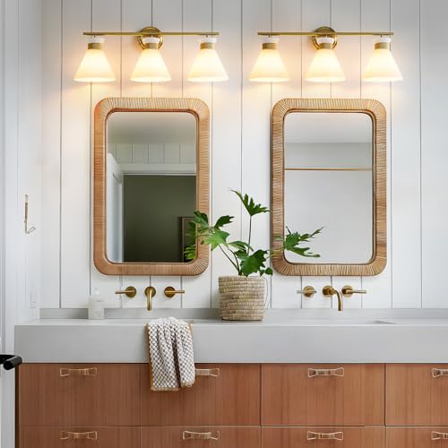 WOSHITU Gold 3-Light Bathroom Vanity Light Fixture with Frosted Glass Shades