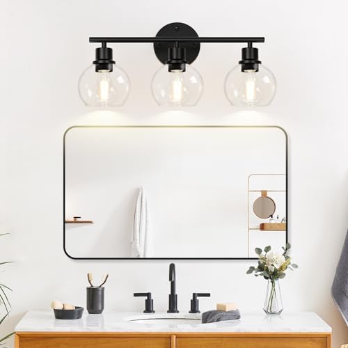 Indoi 3-Light Bathroom Vanity Light Fixture - Matte Black with Clear Glass Globes, Up & Down Mounting