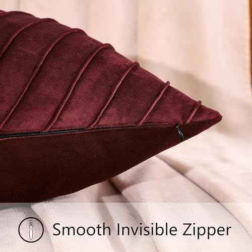 Tosleo Burgundy Velvet Throw Pillow Covers 24x24 inch Pack of 2 with Gold Leather Decorative Couch Pillow Cover Luxury Modern Pillowcases for Living Room Bedroom Sofa Cushion Bed