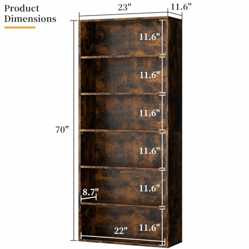 Brown 6-Tier Modern Bookcase - Floor Standing Open Shelves for Home & Office