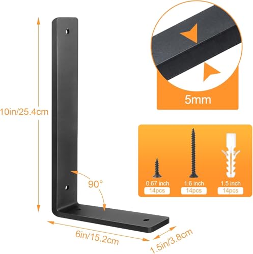 Heavy Duty 10 Inch Shelf Brackets - Black 6 Pack Wall Mounting Supports with Hardware