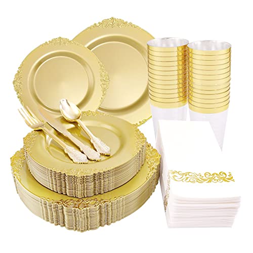 Morejoy Gold 175PCS Disposable Dinnerware Set with Gold Rim – Elegant Party Plates