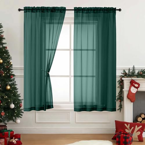 Green Sheer Curtains 63 Inch Length 2 Panels, Soft Voile for