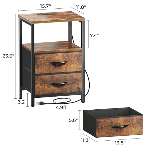 Huuger Rustic Brown Nightstands Set of 2 with Charging Stations, 2 Drawers, 15.7x23.6 inches