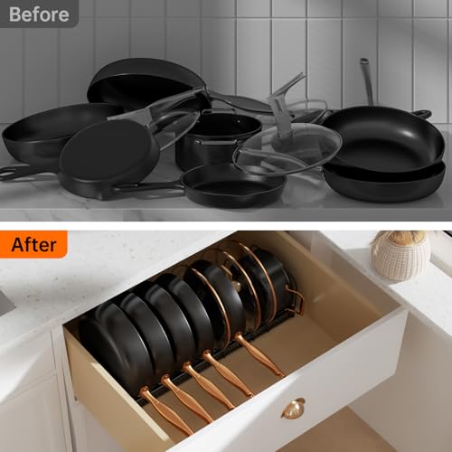 MUDEELA Expandable Pot Pan Lid Organizer Rack 2-Pack Black with 10 Dividers