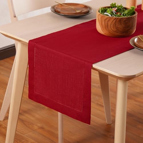 Red 100% Linen Table Runner 14 x 36 Inches with Hemstitch - Home Ekaa