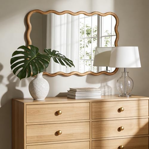 Wavy Wood Mirror 24x36 Inch Wall Decor with Wooden Frame - Walnut Variation