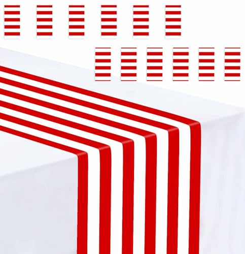 Red Striped Disposable Table Runner - Pack of 12, 14x108 Inch for Party & Wedding