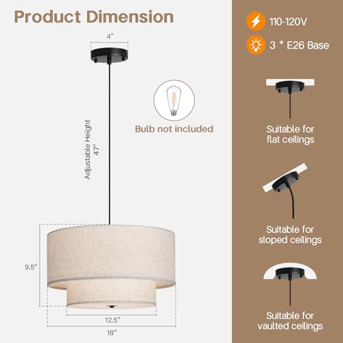 18-Inch Modern Double Drum Fabric Pendant Light for Dining & Living Rooms