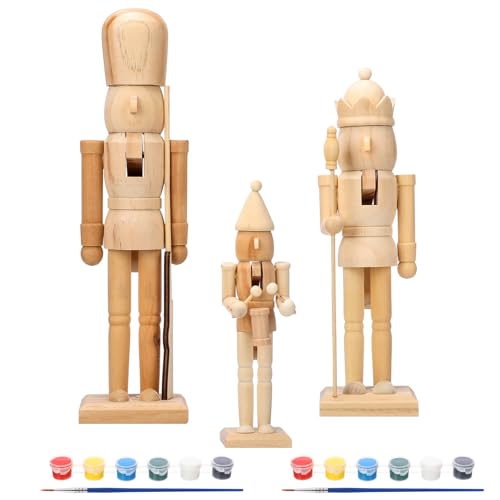 Vercraft 3-Pack Unfinished Nutcrackers – Paint-Your-Own Wooden Christmas Figurines (Drummer, King, Soldier) with Paint & Brushes – 7.08, 9.84, 11.81 in