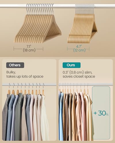 50 Pack Wooden Clothes Hangers - Space Saving Natural Birch Slim Wardrobe Organizer
