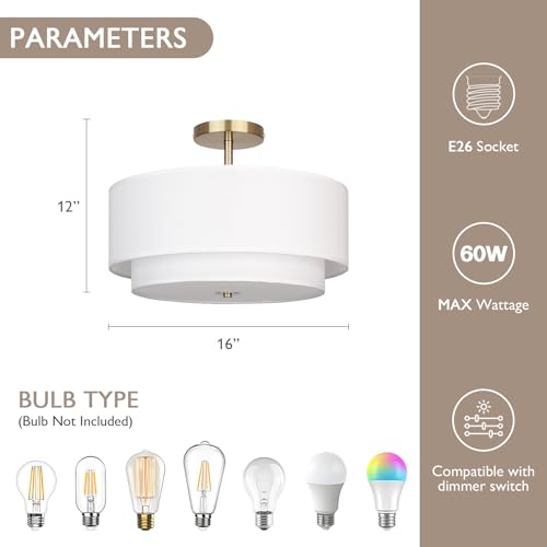 CALOKES 16" Gold Dual Drum Semi-Flush Ceiling Light with White Fabric Shade