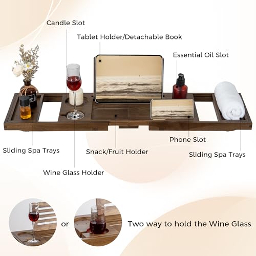 Dark Walnut Teak Bathtub Tray Expandable 28-40 Inch with Wine Glass & Phone Holders