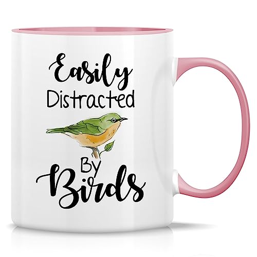 Retreez Easily Distracted by Birds Coffee Mug, White w/ Pink Handle - 11 oz