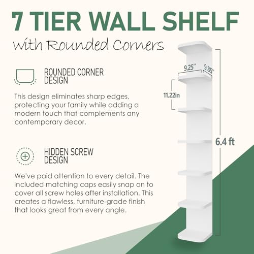 7 Tier Wall Shelf Unit - White Floating Shelves with Curved Edges for Storage & Display