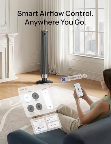 DREO Smart Tower Fan for Bedroom - Black, 40-45 Inch Adjustable Height, 9 Speeds