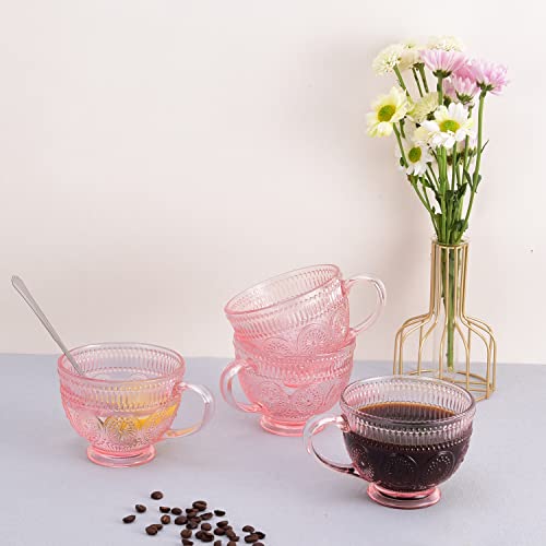 Vintage Glass Coffee Mug 14 oz Pink Embossed Handle - Set of 4