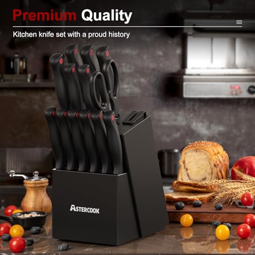 Astercook 15-Piece German Stainless Steel Knife Set with Block & Sharpener