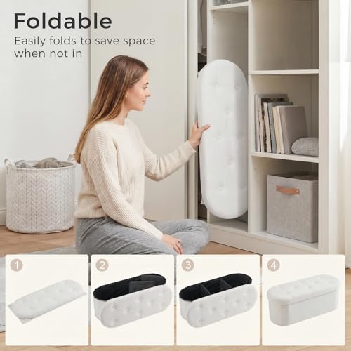 Oval Storage Ottoman Bench - White Teddy Fabric, 43 Inch Variation