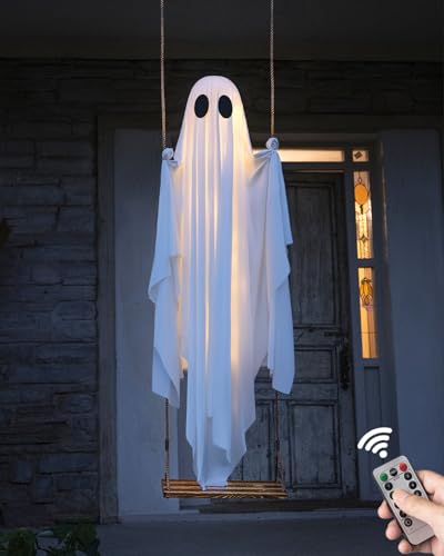 MERKYO 5-13FT Adjustable Hanging Ghost Halloween Decor with Lights for Outdoor Yard & Porch