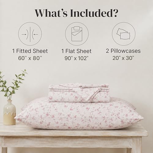 Queen Microfiber Bed Sheets Set - Floral Rose Pattern, Wrinkle-Free, Deep Pockets