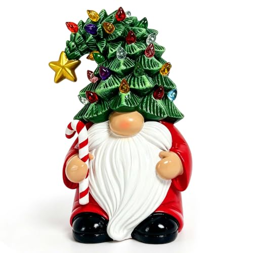 Lighted Christmas Tree Gnome Figurine - 7 Inch Table Decor with Pedestal - Resin Holiday Ornament