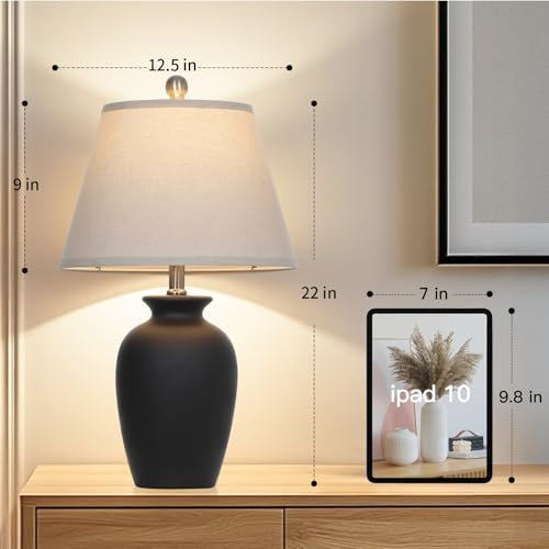 Black Ceramic Farmhouse Table Lamp - 22 Inch Rustic Ginger Jar Accent Light