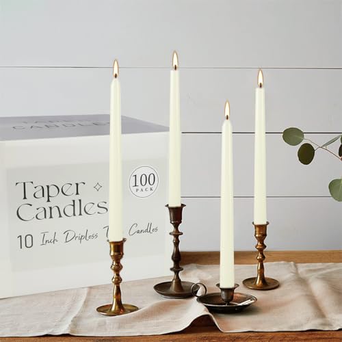 10-Inch Ivory Taper Candles Set - Unscented, Dripless, Smokeless, 100 Pack