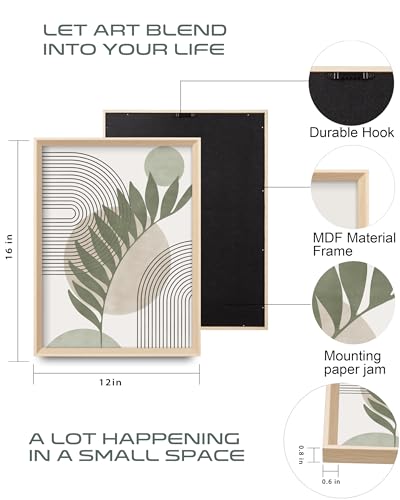 HesenDot Framed Boho Green Wall Art - 16x12 Inch Abstract Canvas Print