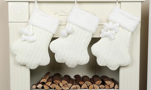 E-FirstFeeling Knit Cat Paw Christmas Stocking with Faux Fur Cuff - White, Large Holiday Decor