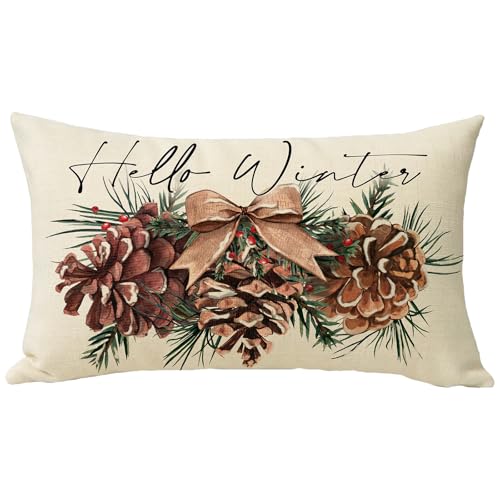 Hello Winter Pine Cone Lumbar Decorative Throw Pillow Cover 12 x 20, Rectangular Pine Needle Bow Outdoor Home Decor, Christmas Seasonal Red Berry Sofa Couch Cushion Case