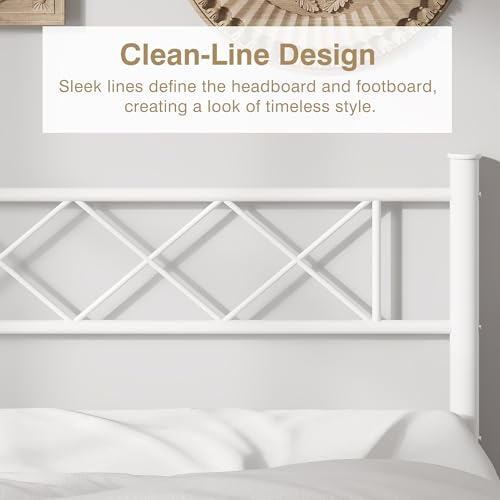 Full Size Bed Frame with Headboard - Pure White, Heavy Duty Metal Slats, Easy Assembly