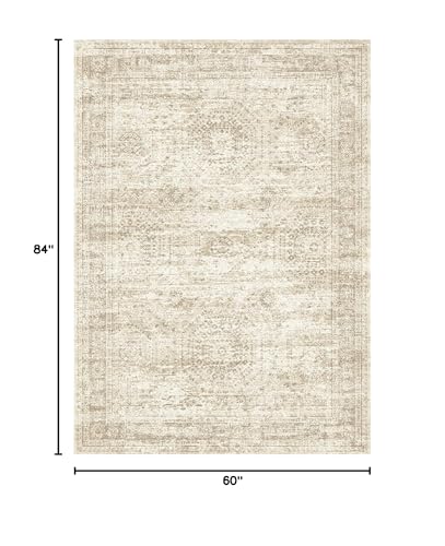 Beige 5x7 Area Rug - Washable Low-Pile Geometric Faded Style Non-Slip Home Decor