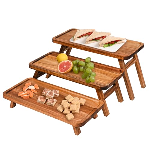 Acacia Brown 3-Tier Serving Tray Set - Foldable Wooden Dessert & Charcuterie Display